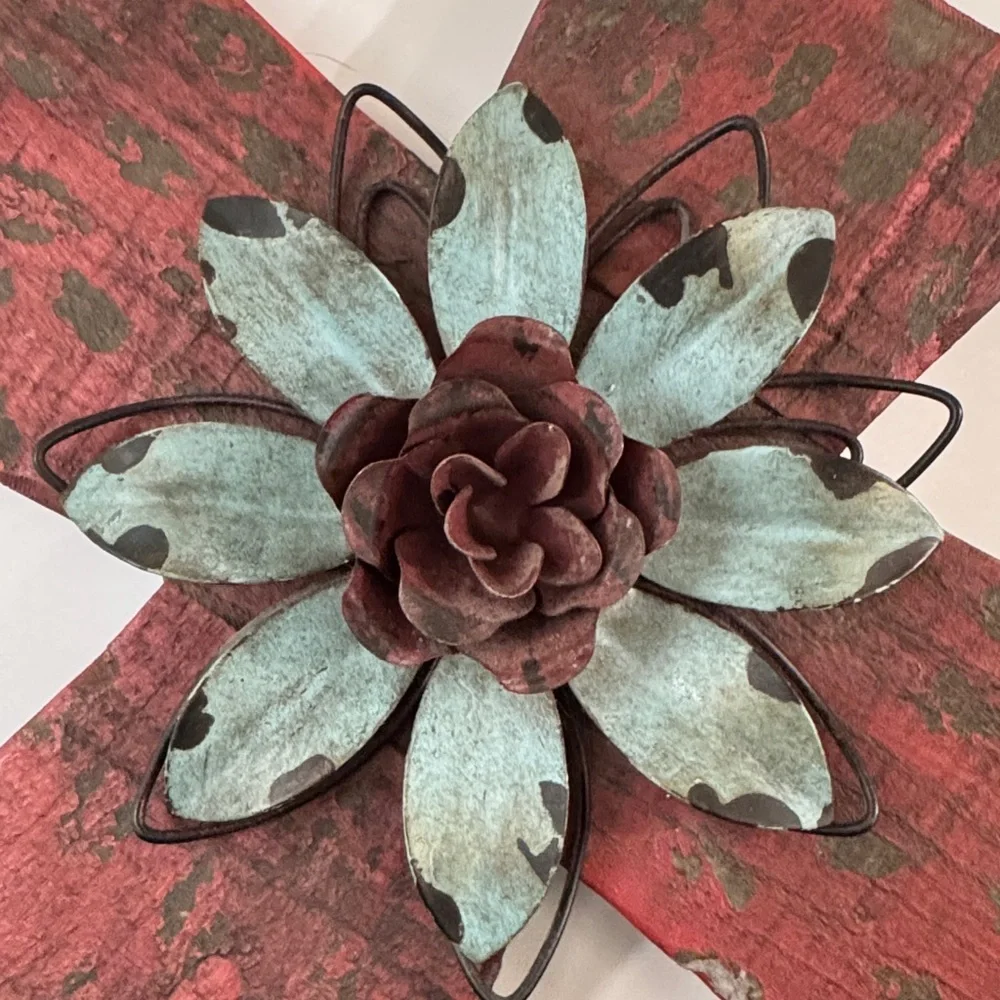Rustic Red Wooden Cross with Recycled Metal Flower Farmhouse Style